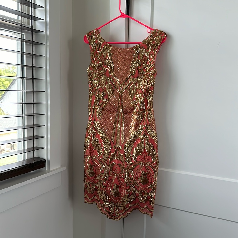 Goddiva London Coral and Gold sequin dress